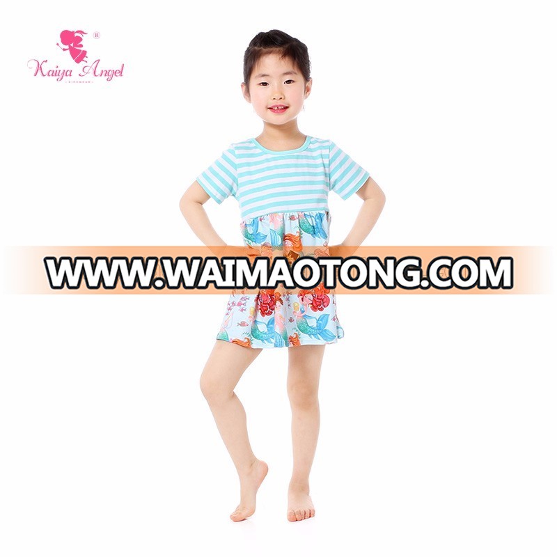 Aqua And White Striped Mermaid Small Girls Dress Kids Cotton Frocks Design