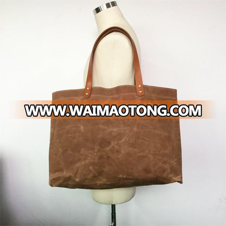 Guangzhou Factory Vintage Canvas Tote Bag Leather Handle