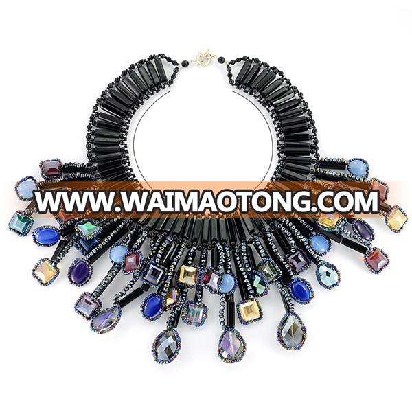 Handcrafted Sparkling Dark Colors Crystal Collar Statement Necklace Elegant Jewelry