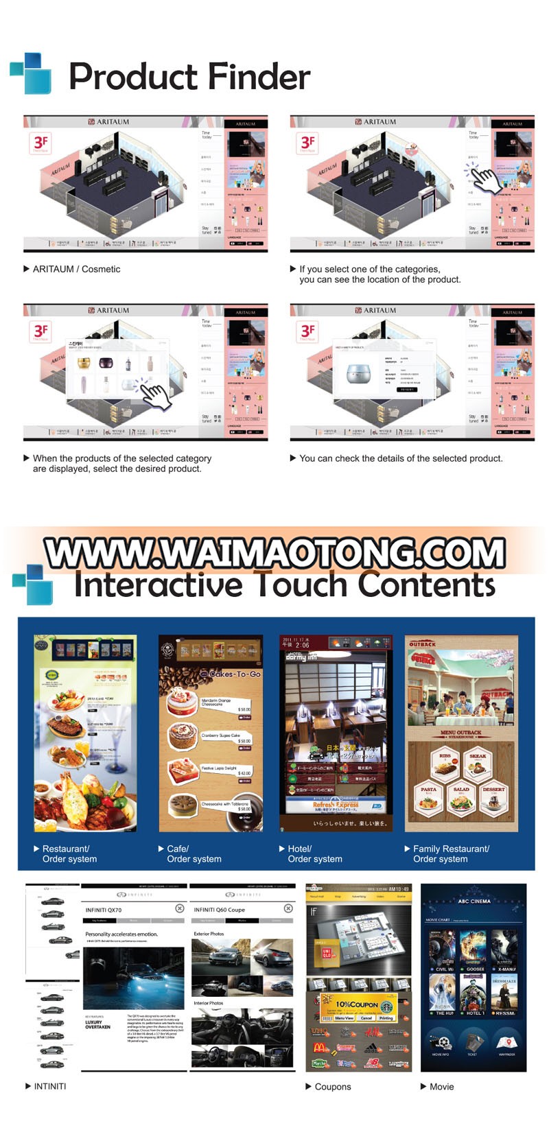 Q-Wayfinder Authoring Tool for Advertising Display LCD Player Touch screen floor standing display