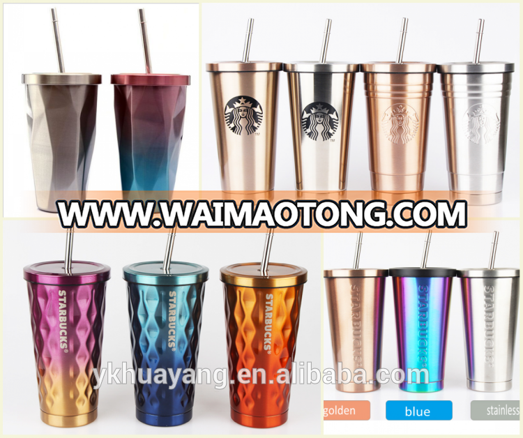 Wholesale Unique New-shaped 16oz Stainless Steel customized tumbler starbucks coffee mug with straw