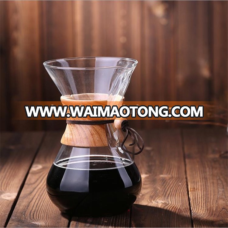 500ml/ 1LBorosilicate glass coffee maker with Classic polished wood collar and leather tie with durable paper filters for home