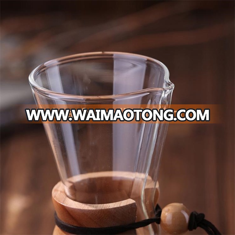 500ml/ 1LBorosilicate glass coffee maker with Classic polished wood collar and leather tie with durable paper filters for home