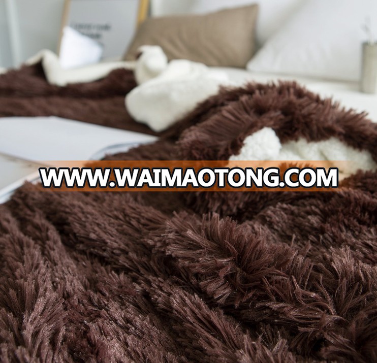 wholesale lightweighted super soft long plush pv fleece with sherpa throw blanket