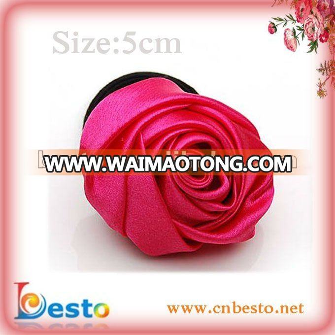 wholesale fashion satin fabric rose flower hair tie elastic in hairbands