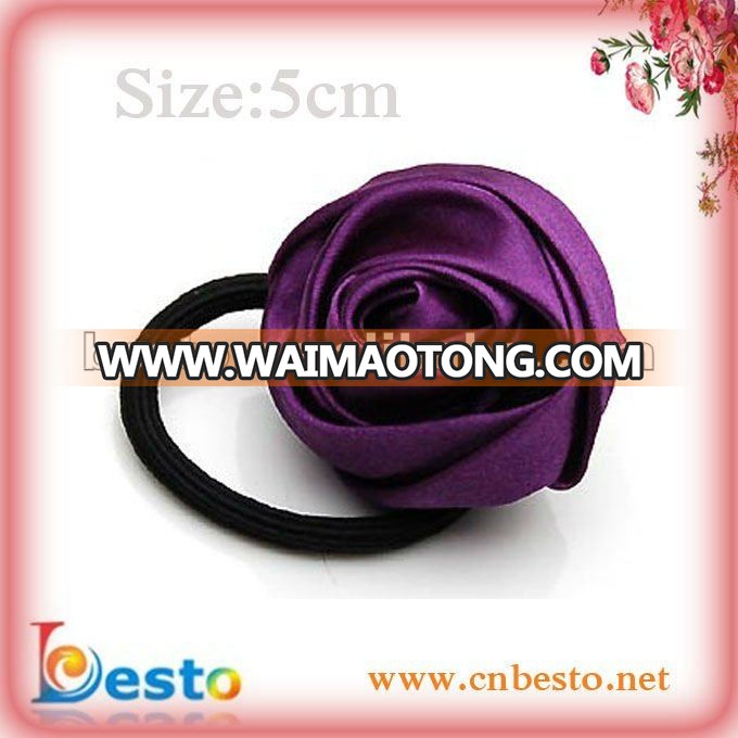 wholesale fashion satin fabric rose flower hair tie elastic in hairbands