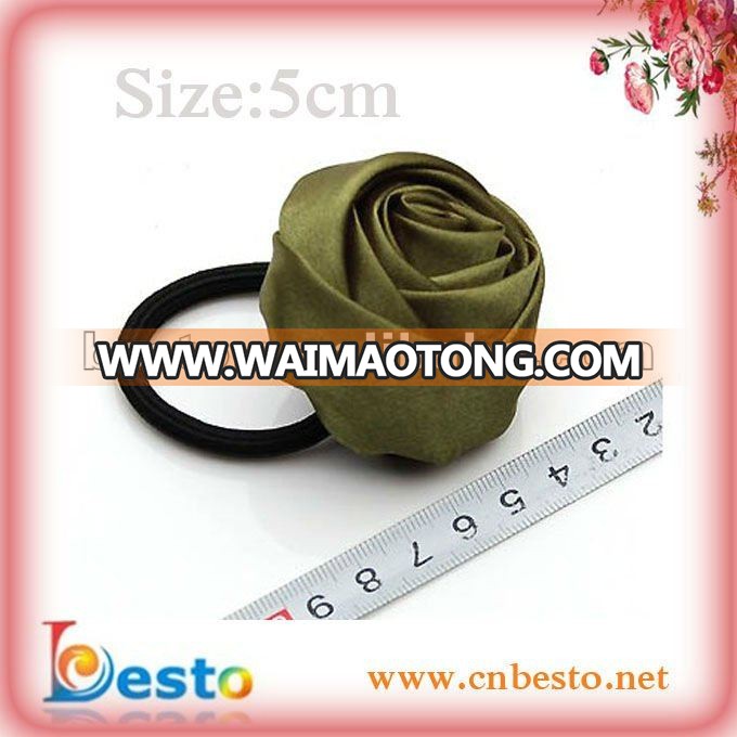 wholesale fashion satin fabric rose flower hair tie elastic in hairbands