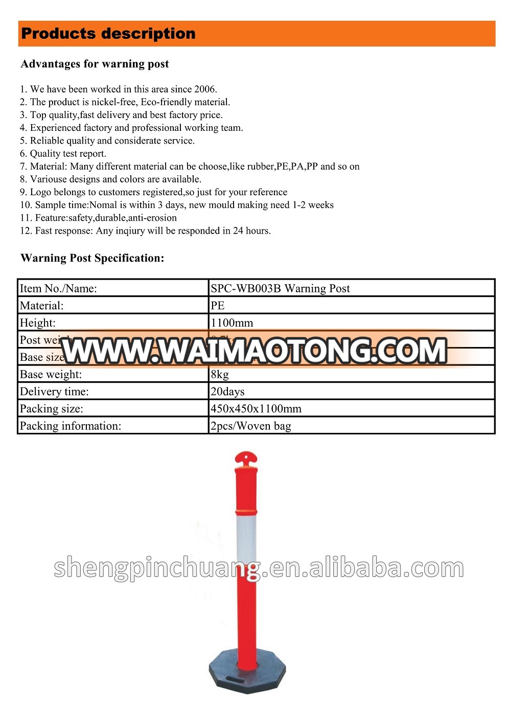 PE traffic warning sign,red and white body +black base post