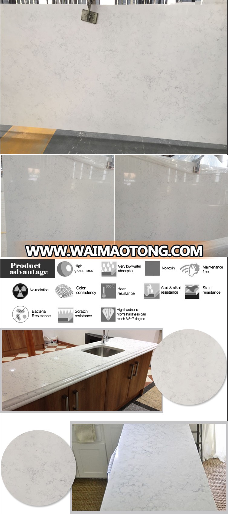 Affordable White Carrara Quartz Stone Kitchen Countertop