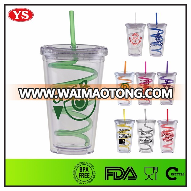 16 ounce Double wall plastic spiral straw with cup for beverage