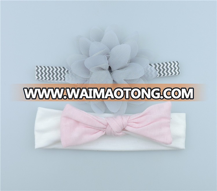 Wholesale pink cotton baby knot headband grey tulle fabric flower baby headband