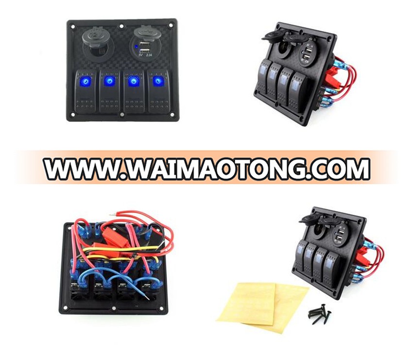 4 Gang Boat Marine 12V LED Switch Panel Rocker Switch Panel Dual USB Cigarette Lighter Socket Auto Car Accessories CA4364