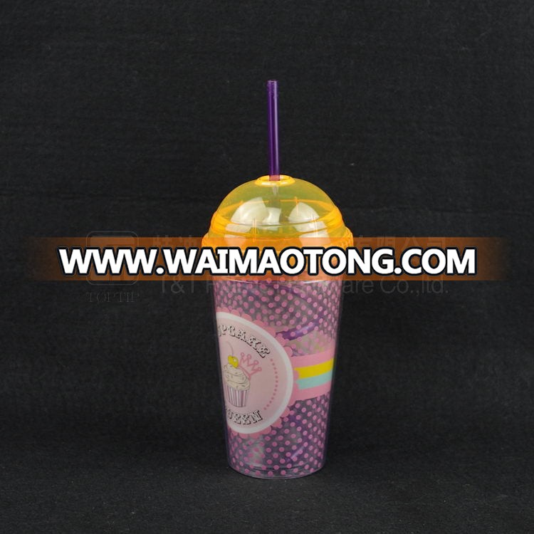 Double wall cup,plastic cup with swirly straw and lid